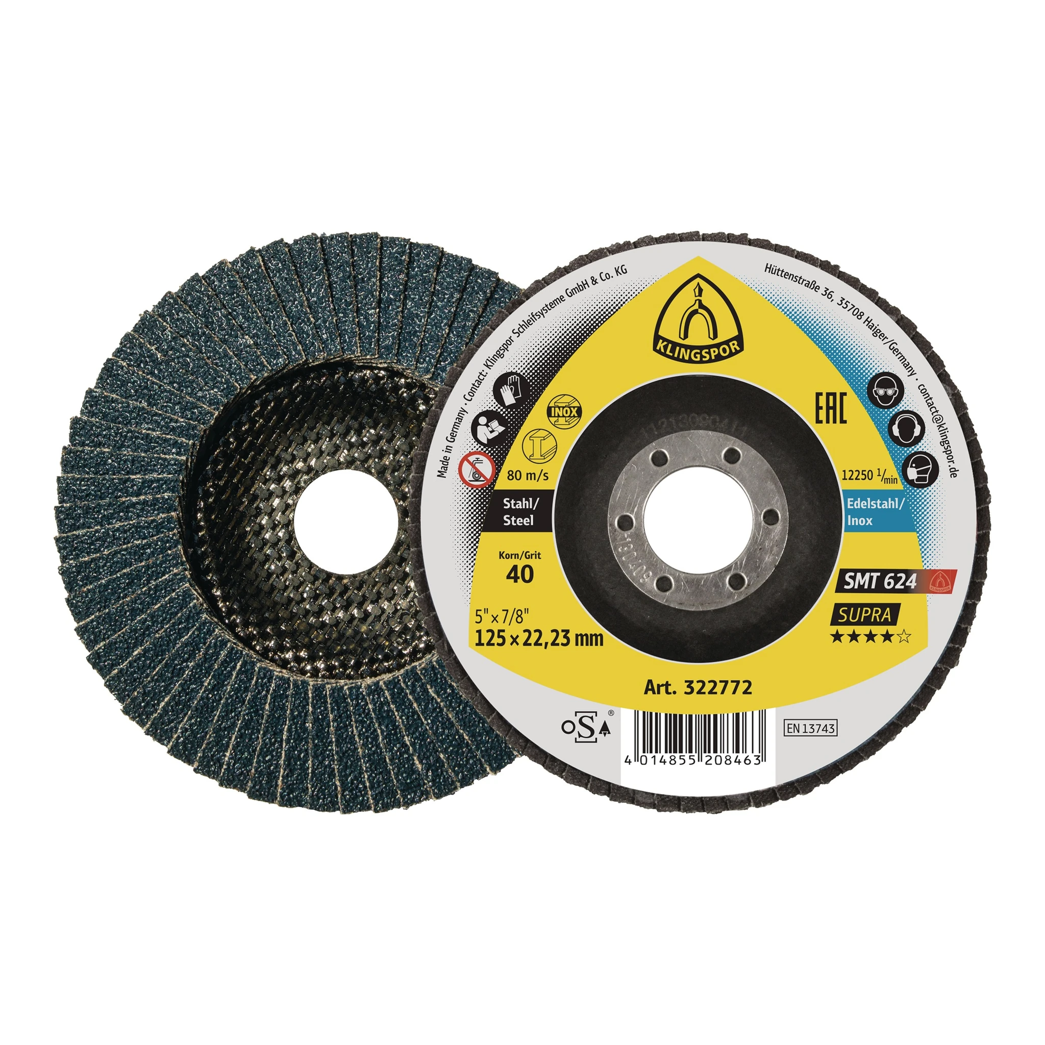 KLINGSPOR | Fächerscheibe | Ø 115 mm Körnung 120 12° konisch | INOX