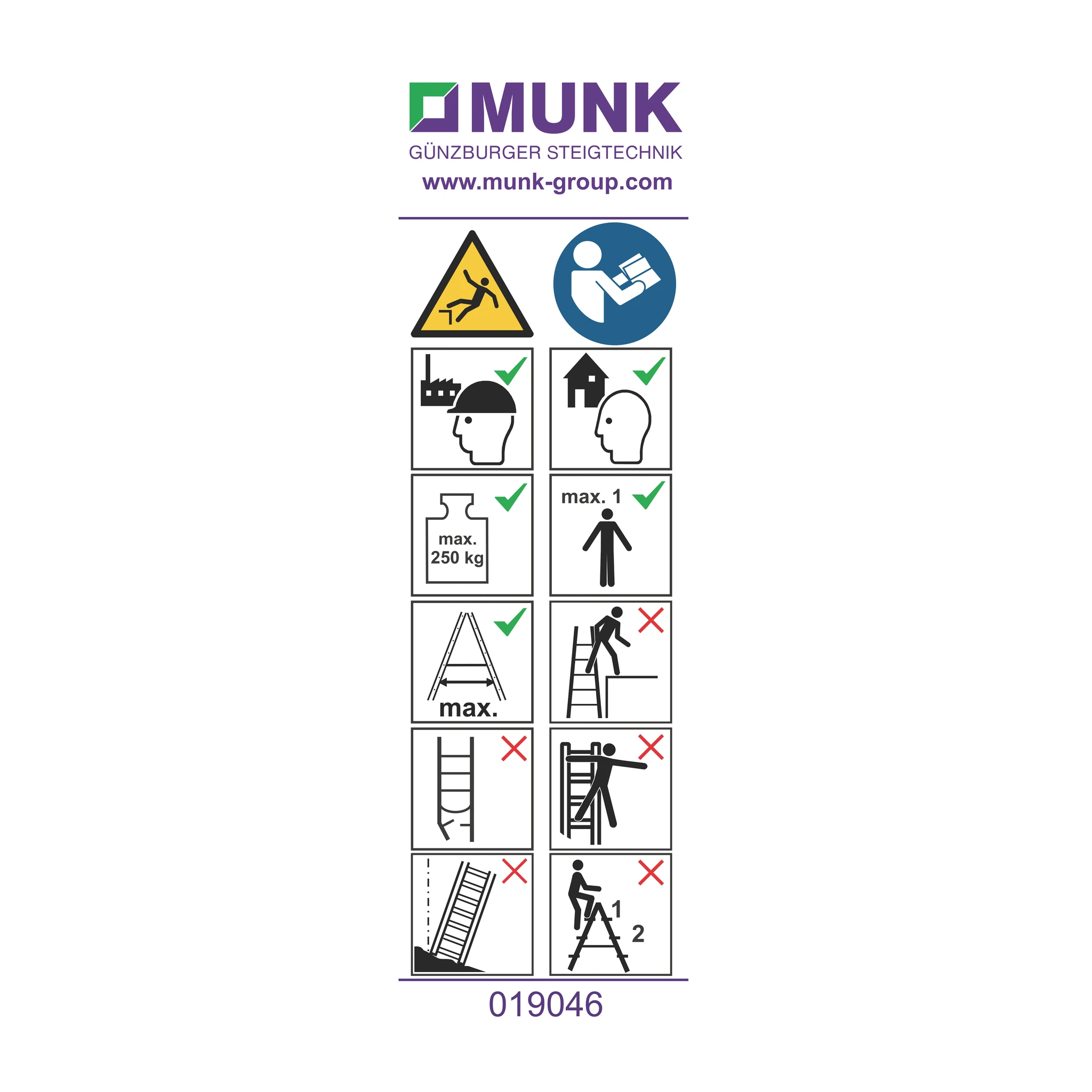 MUNK | Hinweis-Aufkleber für Stehleitern 250 kg beidseitig begehbar Aufkleber 19046