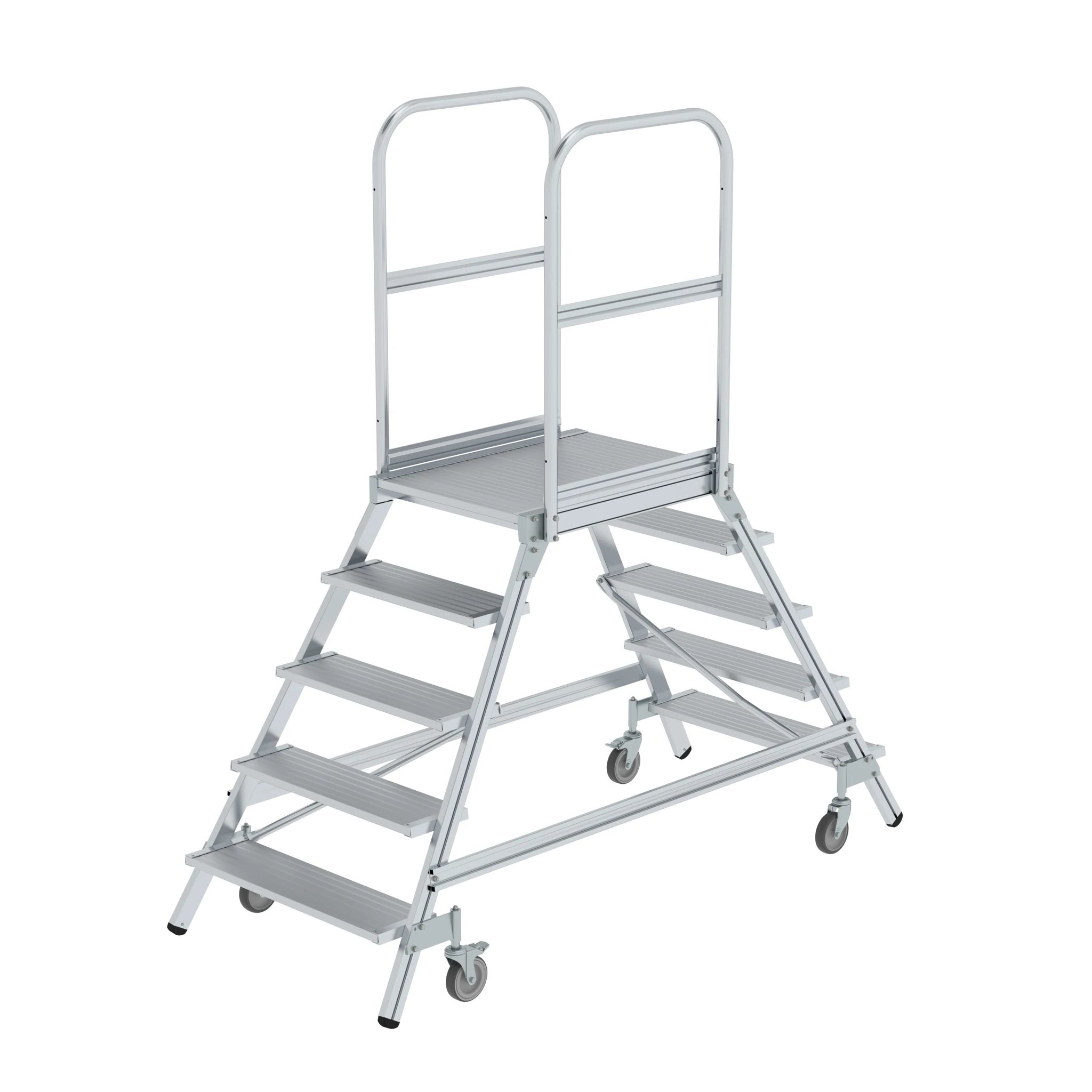 MUNK | Podesttreppe beidseitig begehbar mit Federrollen Aluminium geriffelt 5 Stufen