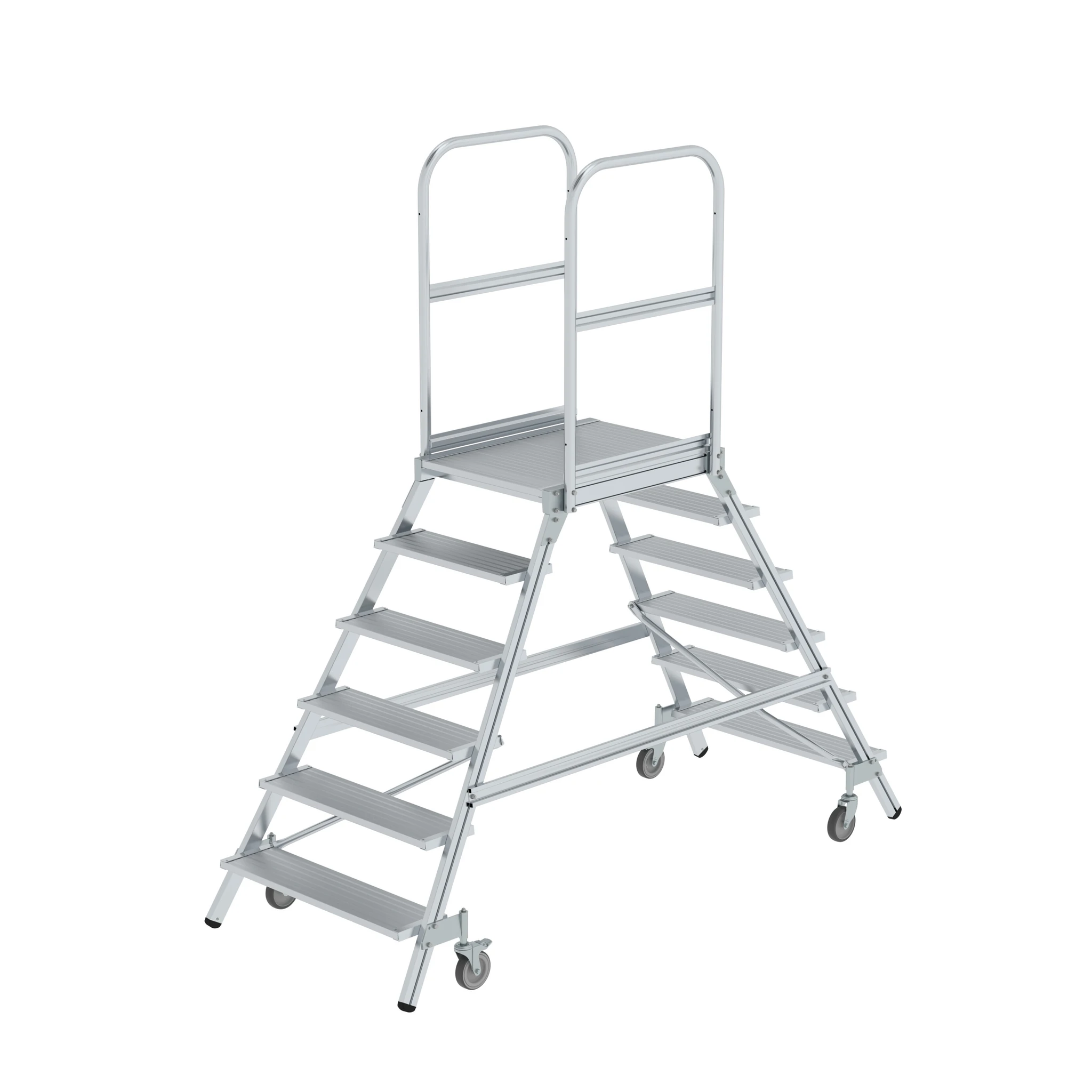 MUNK | Podesttreppe beidseitig begehbar mit Federrollen Aluminium geriffelt 6 Stufen