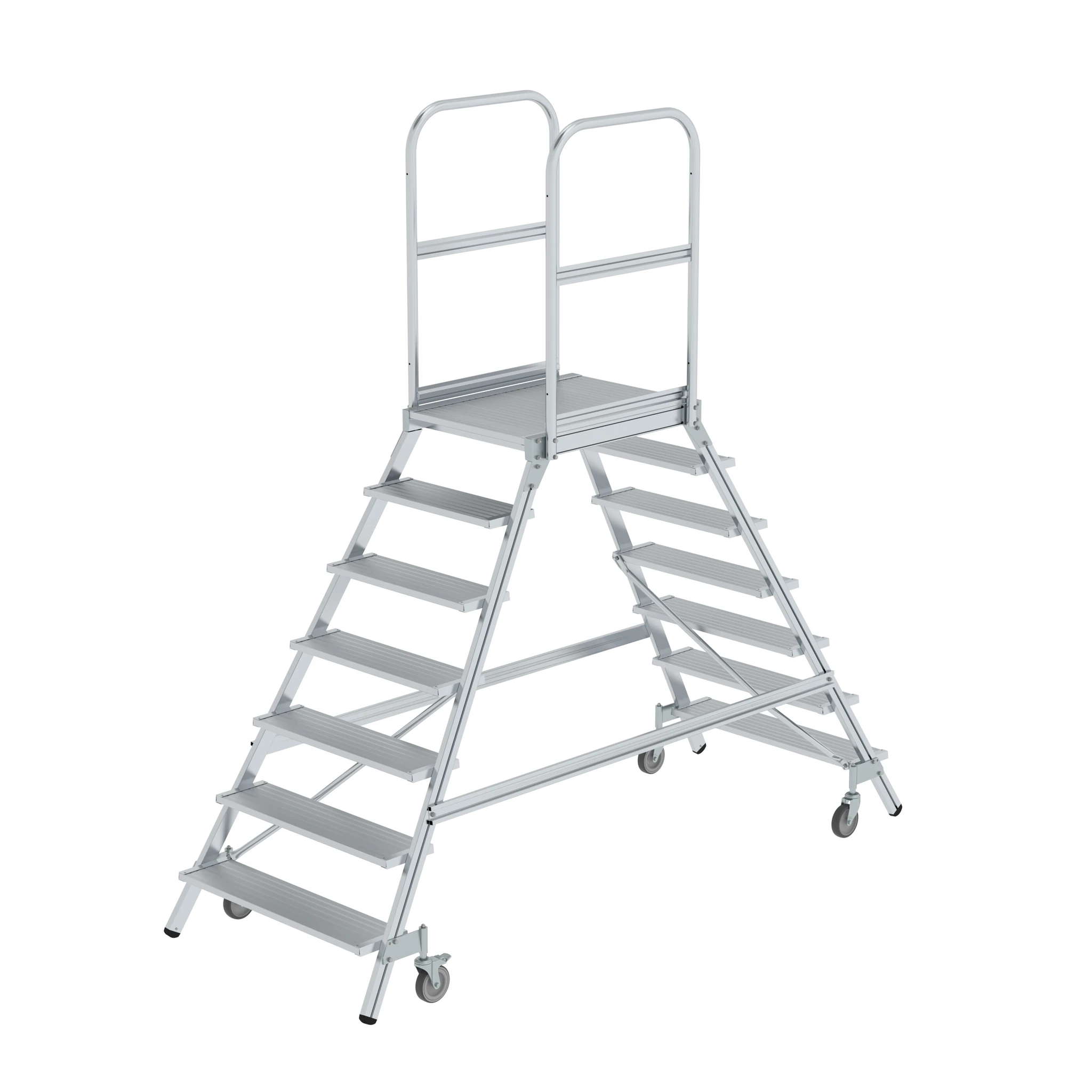 MUNK | Podesttreppe beidseitig begehbar mit Federrollen Aluminium geriffelt 7 Stufen