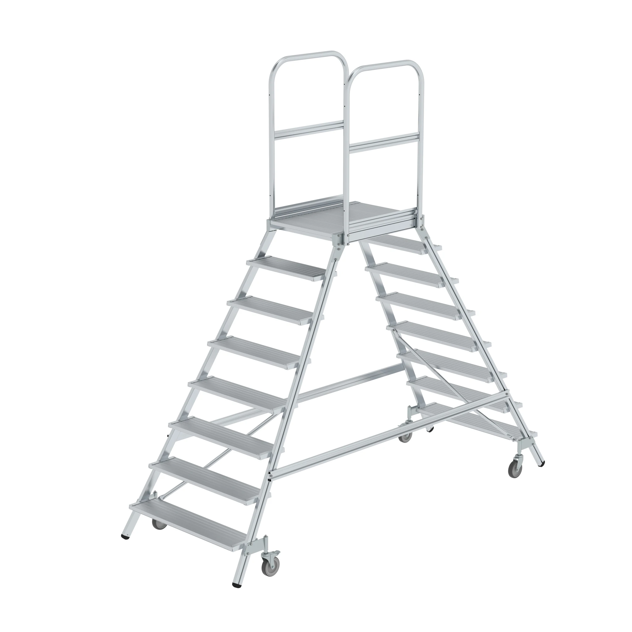 MUNK | Podesttreppe beidseitig begehbar mit Federrollen Aluminium geriffelt 8 Stufen