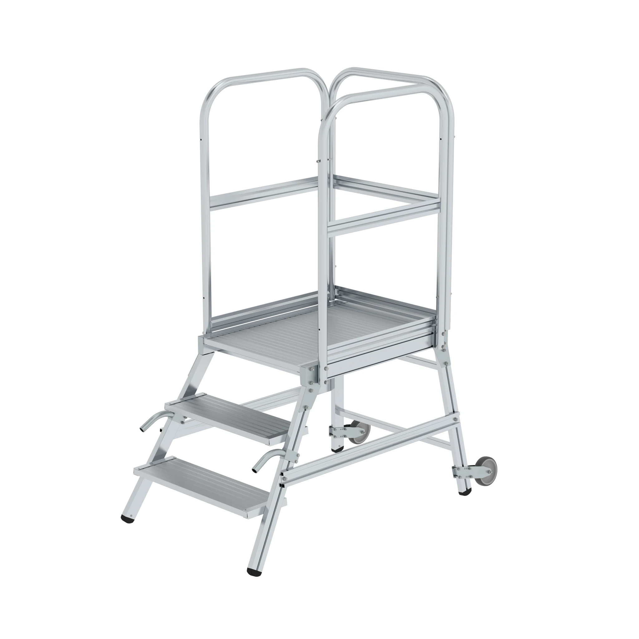 MUNK | Podesttreppe einseitig begehbar mit Rollen und Griffen Aluminium geriffelt 3 Stufen