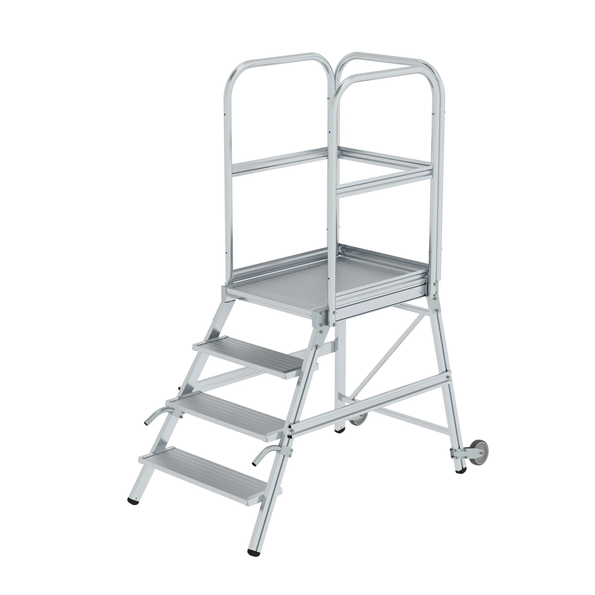 MUNK | Podesttreppe einseitig begehbar mit Rollen und Griffen Aluminium geriffelt 4 Stufen