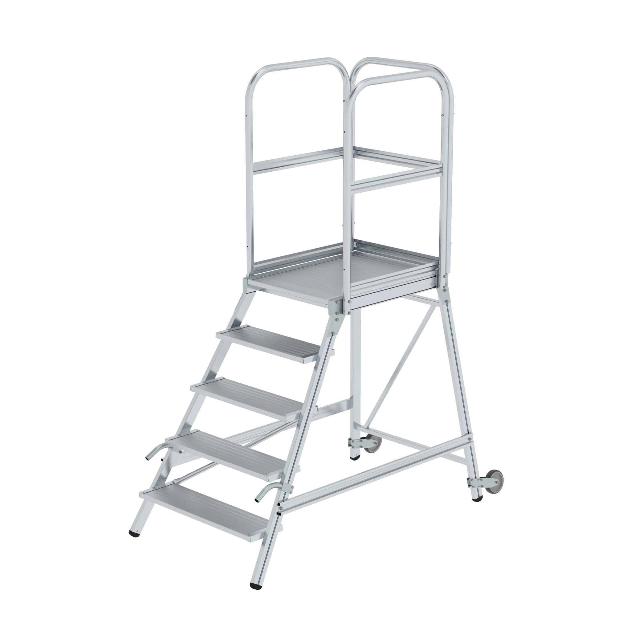 MUNK | Podesttreppe einseitig begehbar mit Rollen und Griffen Aluminium geriffelt 5 Stufen