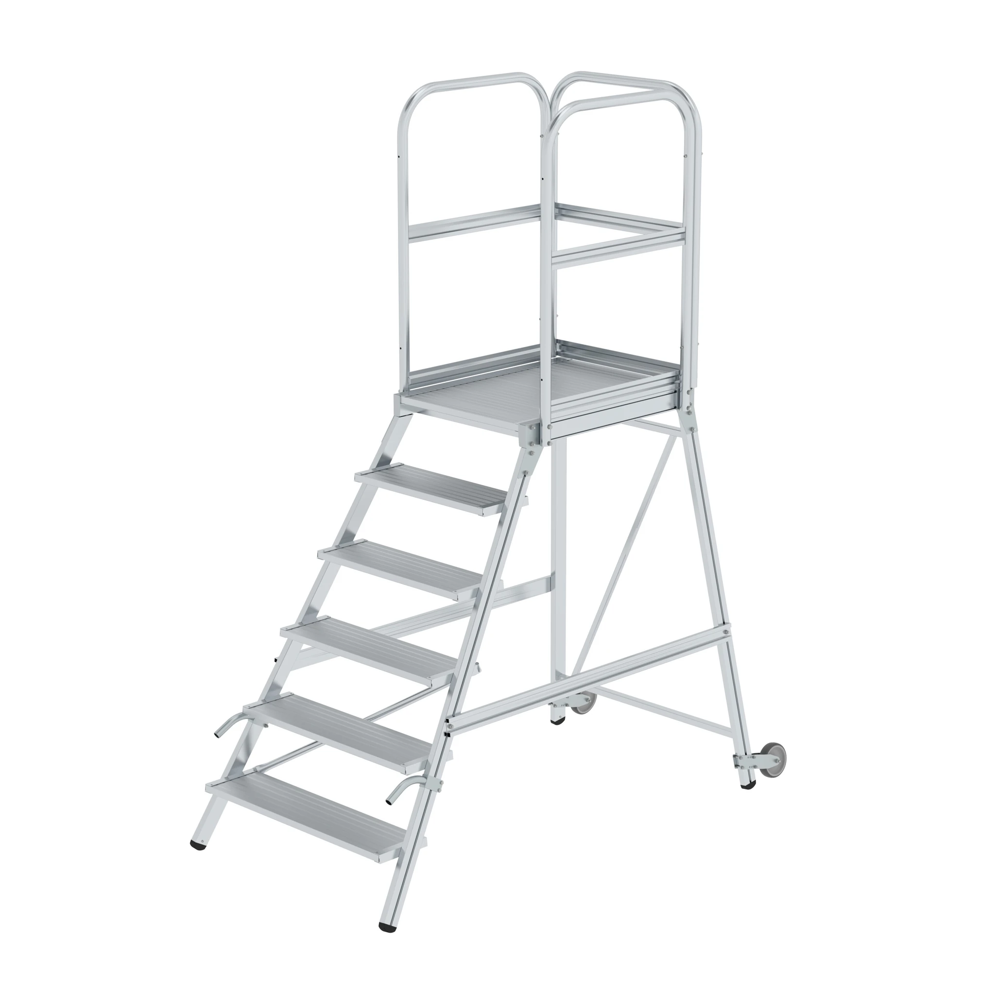 MUNK | Podesttreppe einseitig begehbar mit Rollen und Griffen Aluminium geriffelt 6 Stufen