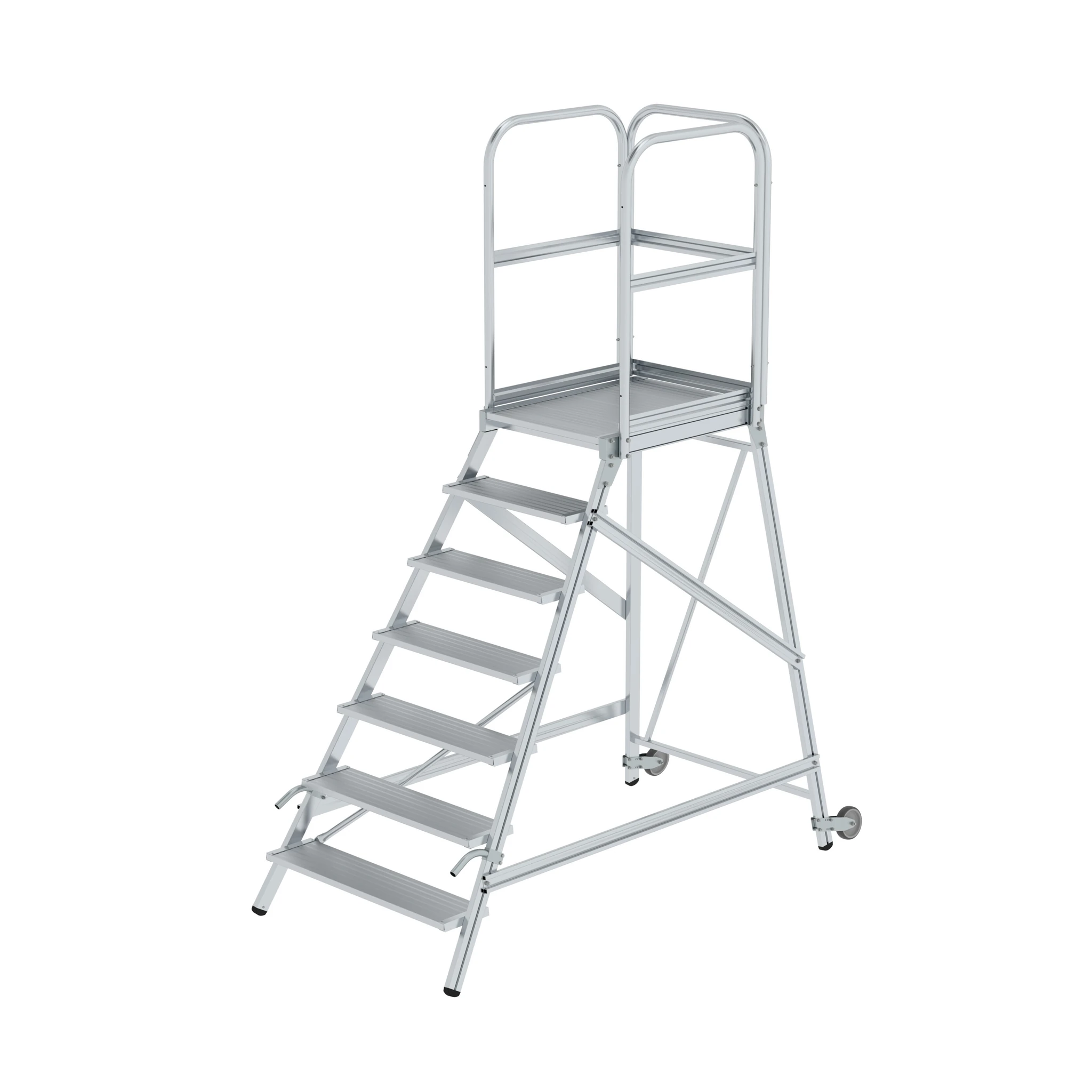 MUNK | Podesttreppe einseitig begehbar mit Rollen und Griffen Aluminium geriffelt 7 Stufen