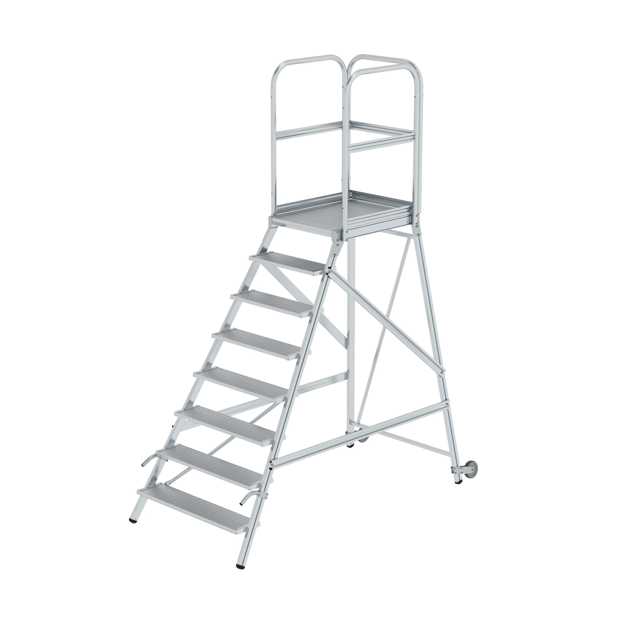 MUNK | Podesttreppe einseitig begehbar mit Rollen und Griffen Aluminium geriffelt 8 Stufen