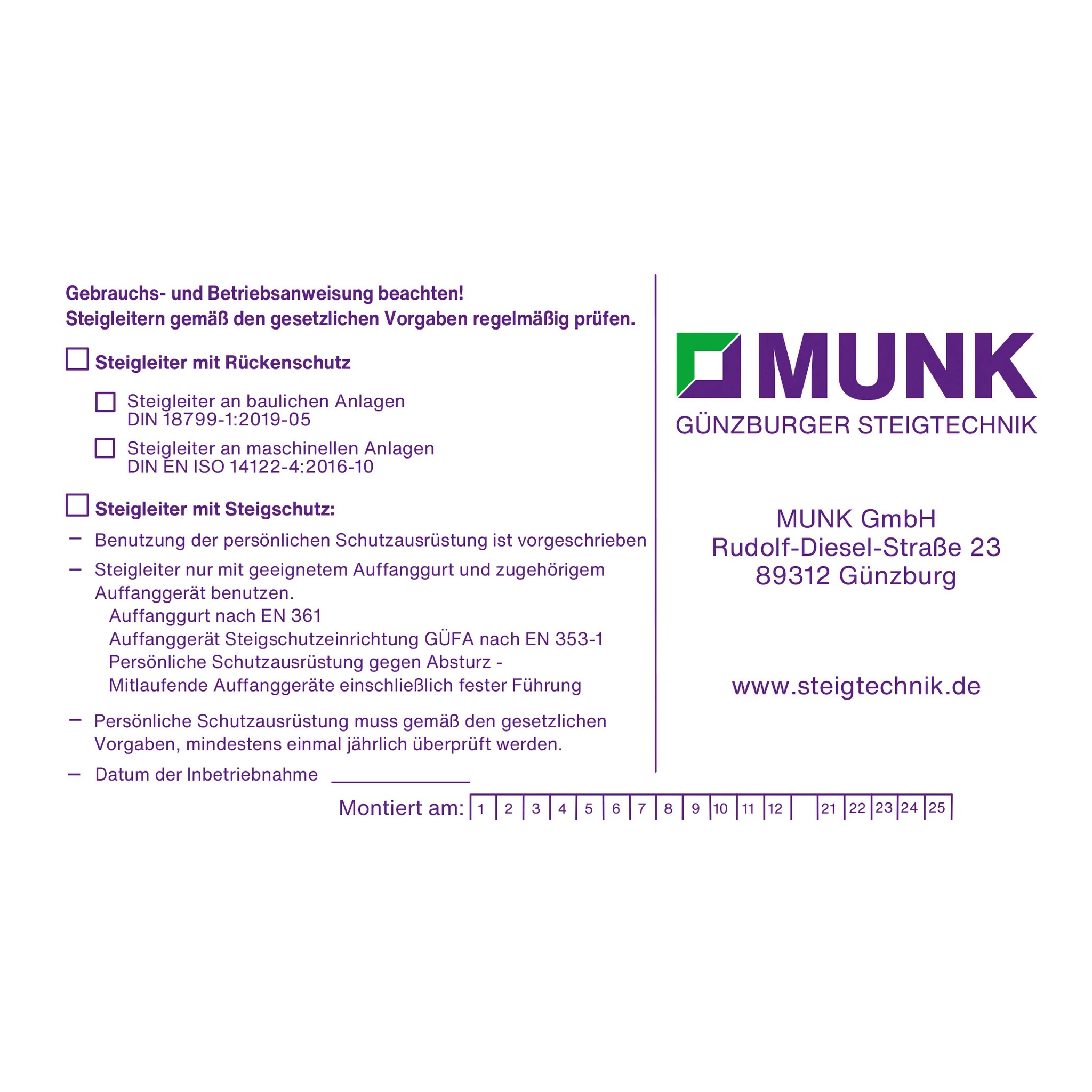 MUNK | Kennzeichnungsaufkleber für Steigschutzeinrichtung