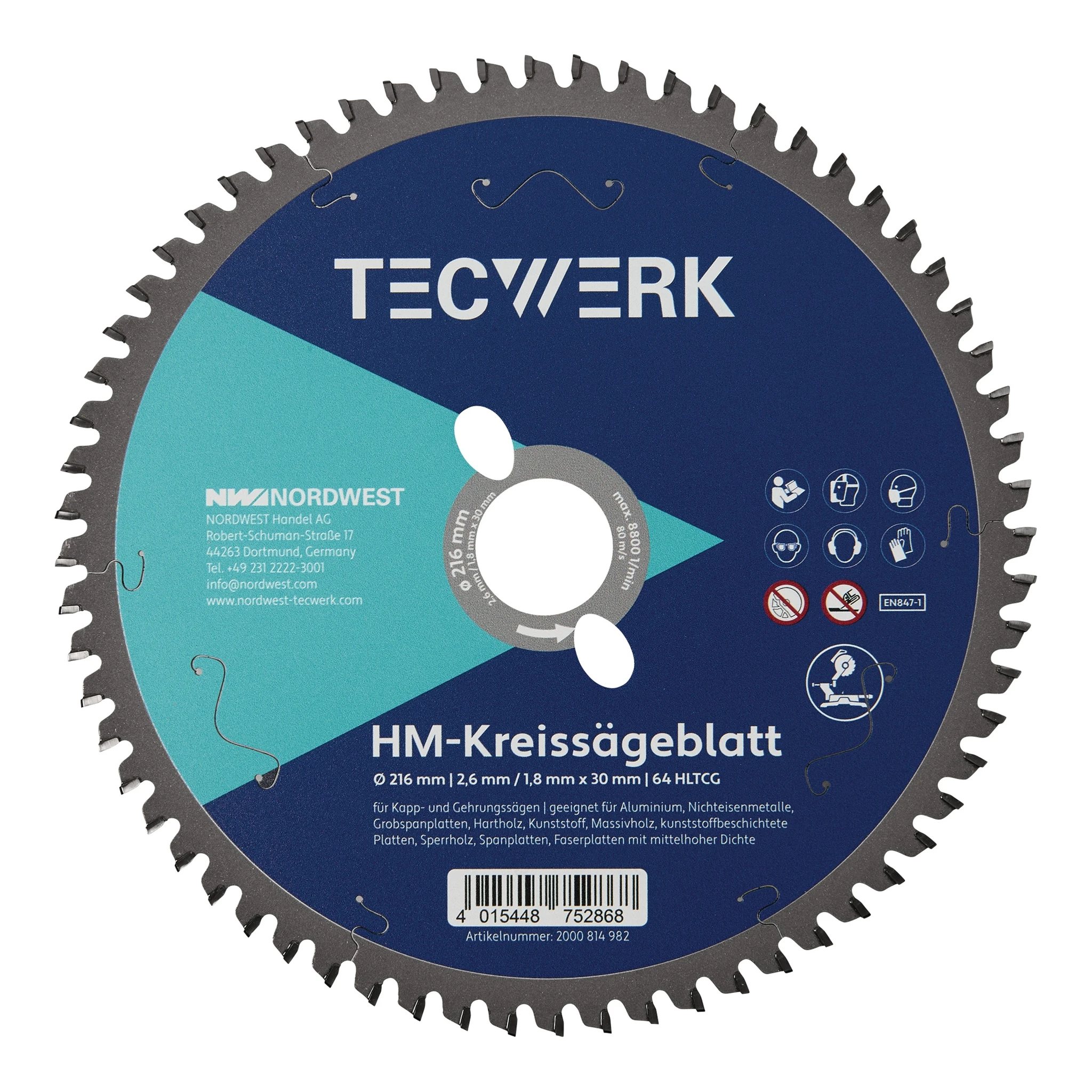 TECWERK | Kappkreissägeblatt | Außen-Ø 216 mm Zähnezahl 64 HLTCG | Bohrung 30 mm Schnittbreite 2,6 mm