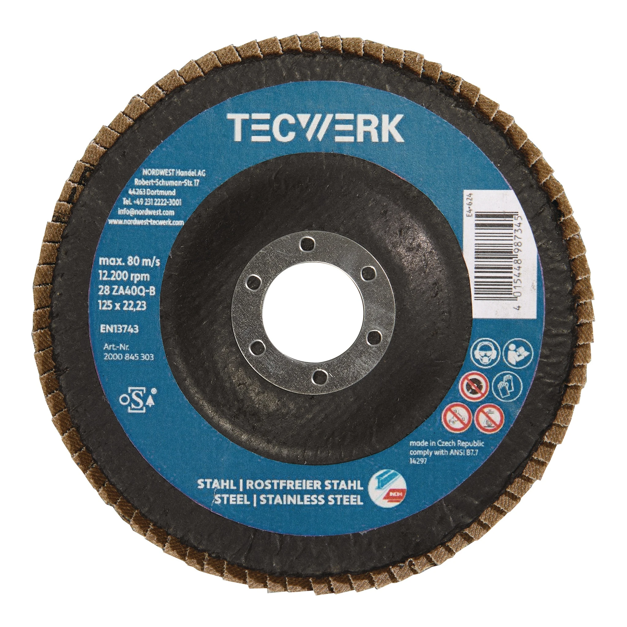 TECWERK | Premium-Fächerscheibe 2in1 | Ø 125 mm Körnung 40 flach | INOX/Stahl Zirkonkorund