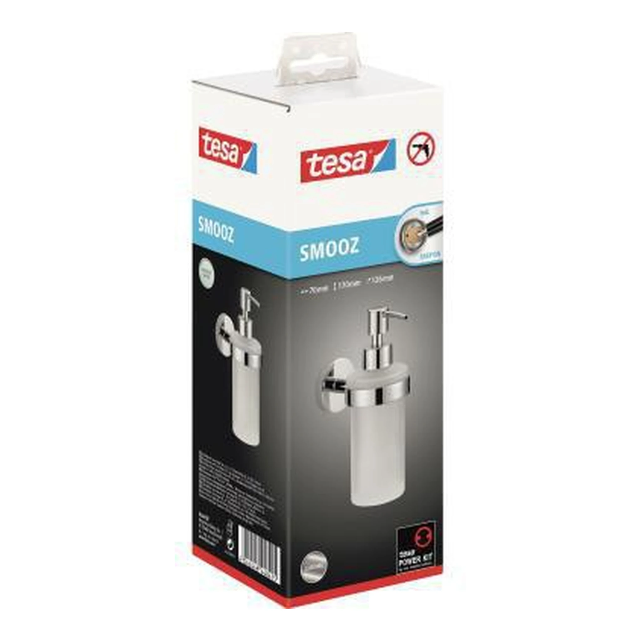 TESA | Seifenspender tesa® SMOOZ 7 x 17 x 12,6 cm (B x H x T) | 0,2l inkl. Klebelösung ohne Lösungsmittel Metall/Glas chrom/weiß