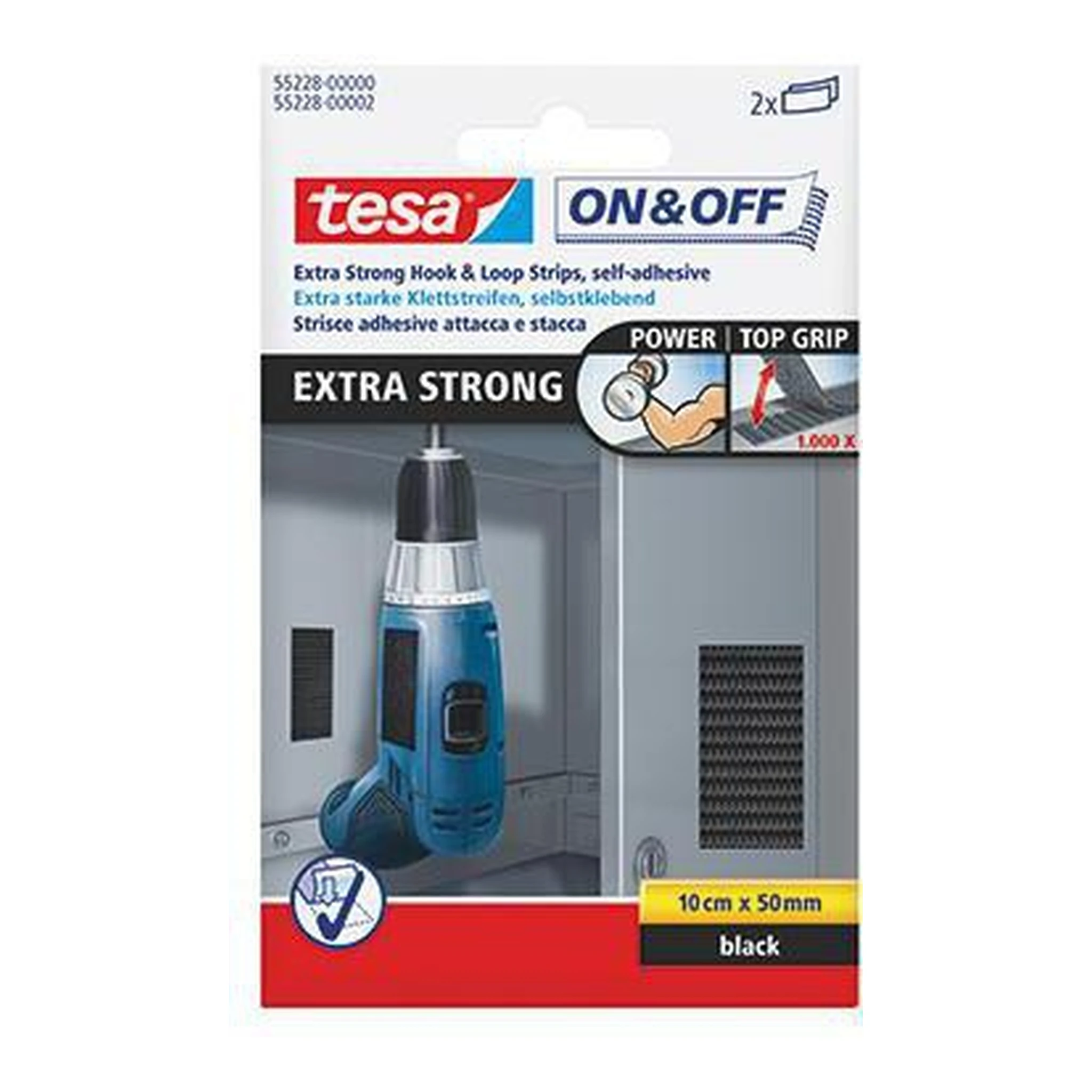 TESA | Klettverbinder tesa® On & Off Extra Strong 50 x 100 mm | (B x L) selbstklebend schwarz 2 St./Pack.