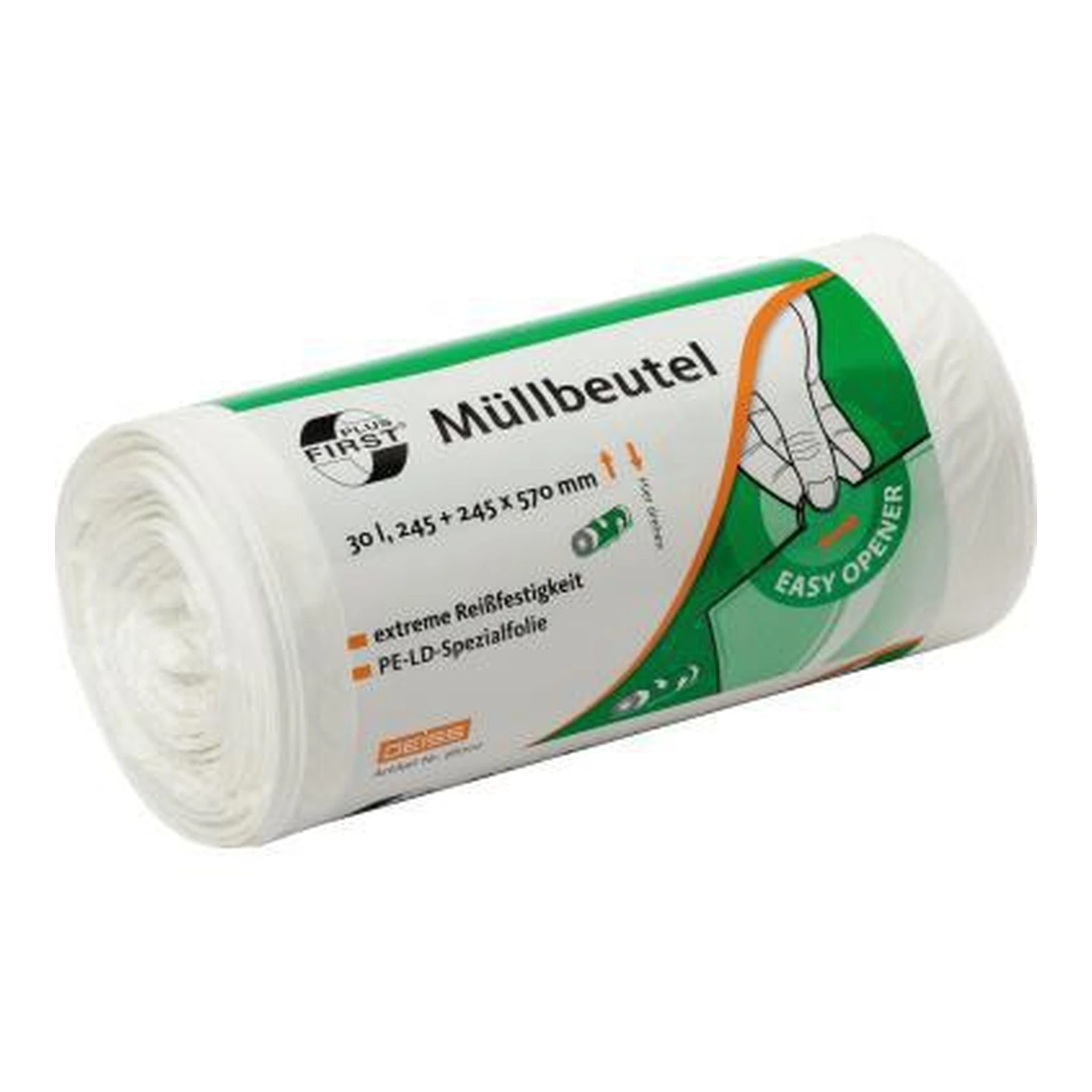 FIRST | Müllbeutel FIRST 30,5+30,5 x 85 cm (B x H) 15µm 70l | LDPE weiß 50 St./Pack.