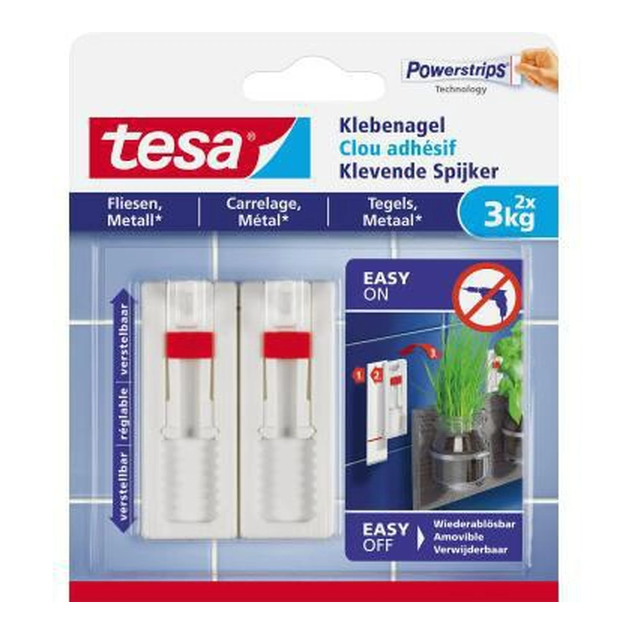 TESA | Klebenagel tesa® Fliesen Metall 2 x 3kg inkl. drei | Klebestreifen weiß 2 St./Pack.