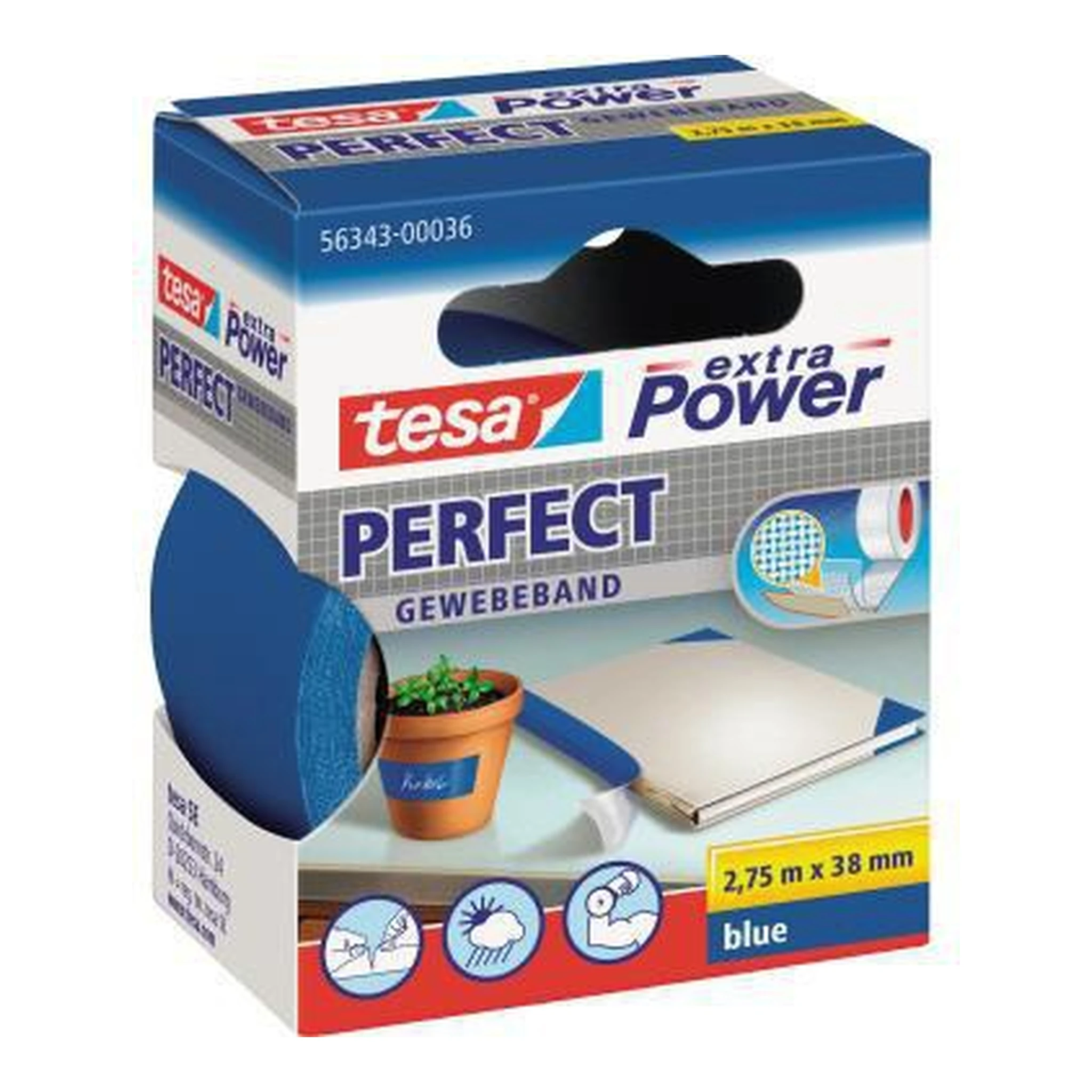 TESA | Gewebeband tesa® extra Power® Perfect Innenbereich | Außenbereich 38 mm x 2,75 m (B x L) blau