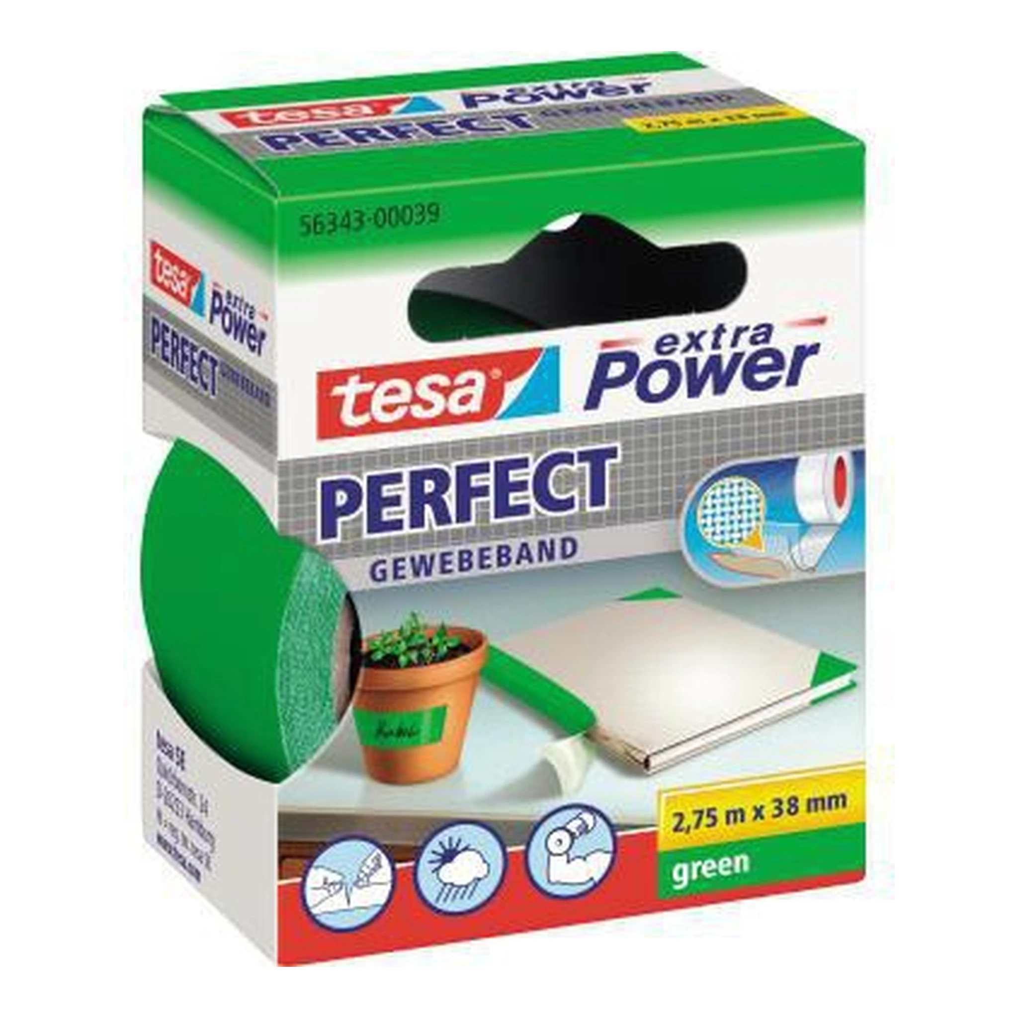 TESA | Gewebeband tesa® extra Power® Perfect Innenbereich | Außenbereich 38 mm x 2,75 m (B x L) grün