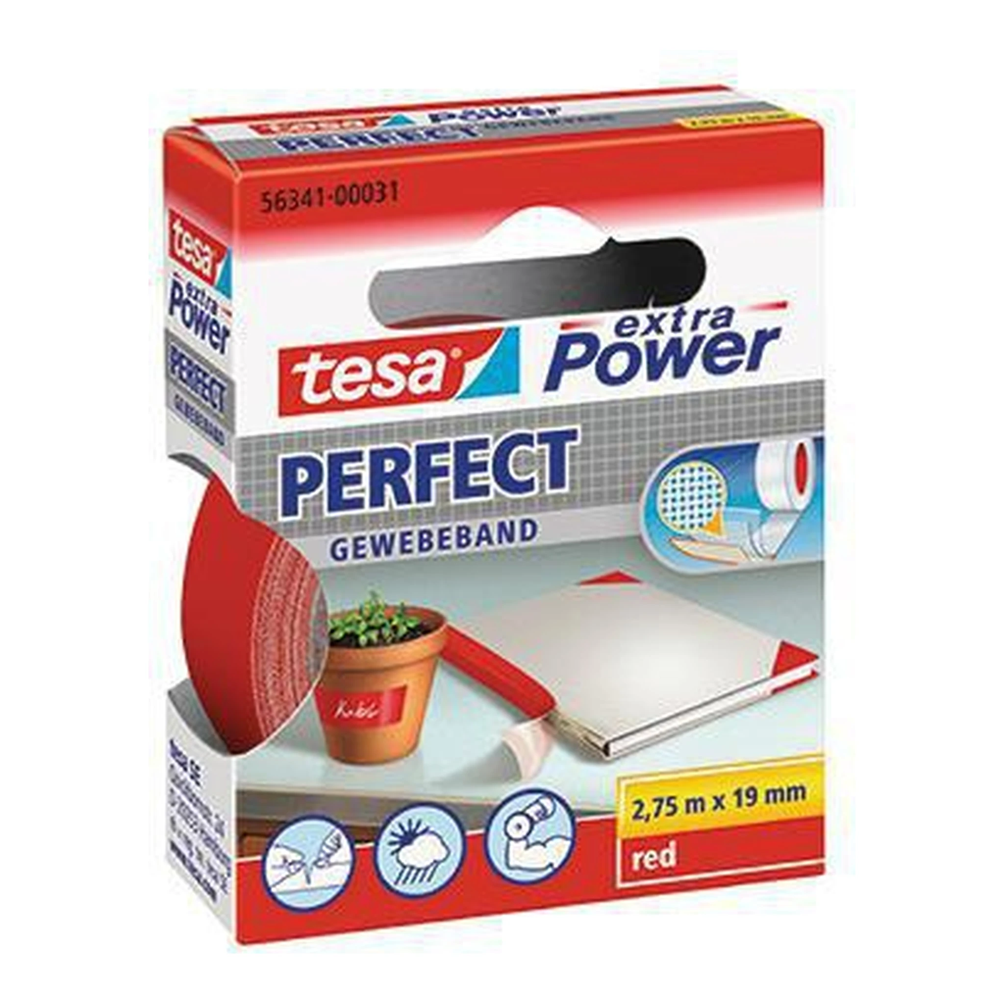TESA | Gewebeband tesa® extra Power® Perfect Innenbereich | Außenbereich 19 mm x 2,75 m (B x L) rot