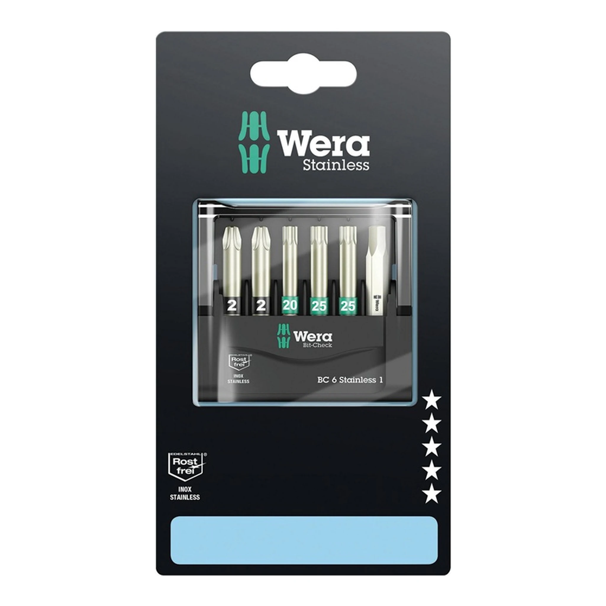 WERA | Bitsatz Bit-Check 6 Stainless 1 SB | 6tlg. 2xPZ2/1xTX20/2xTX25/1xHex Bit-Check-Box Bits Edelstahl