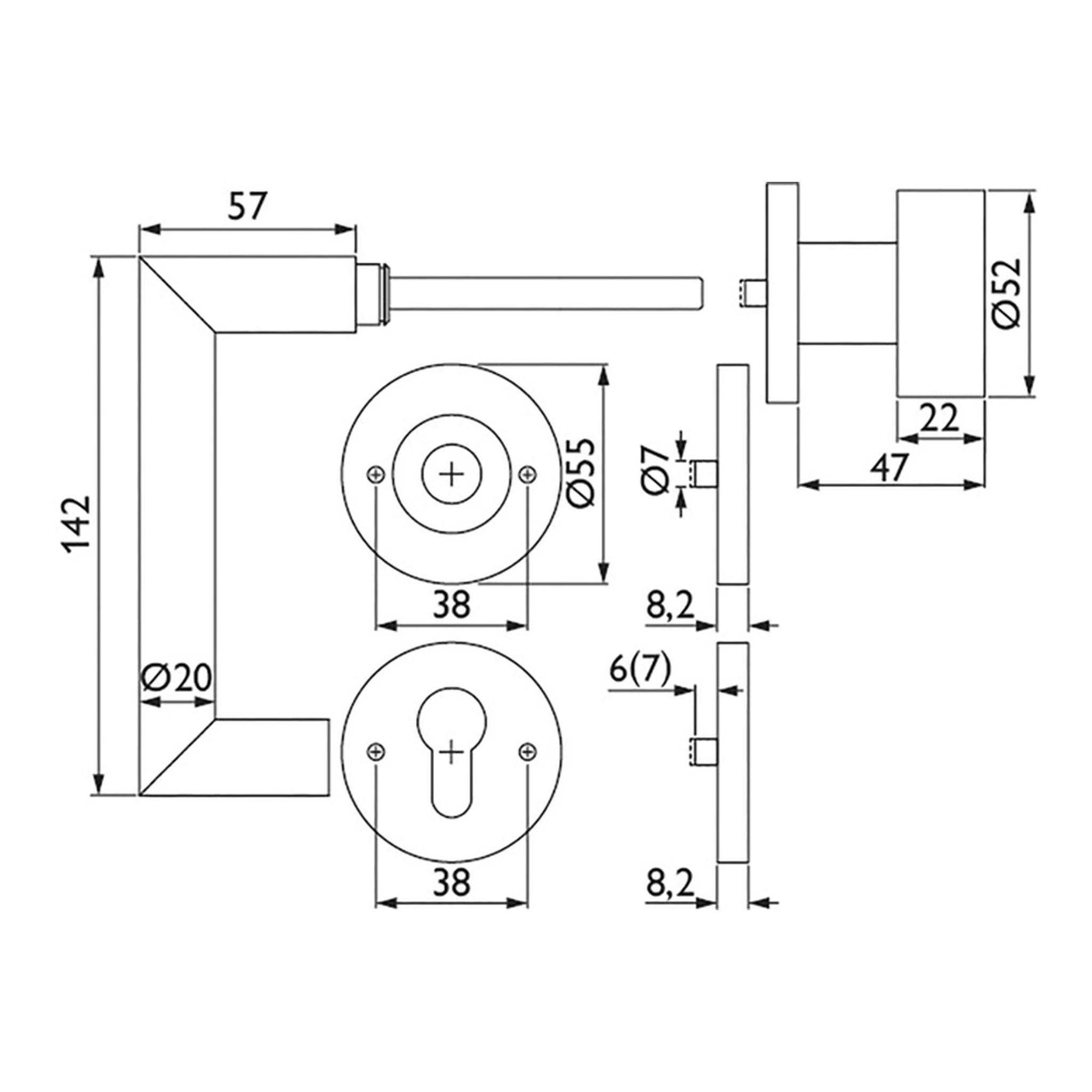 TECWERK | Feuerschutzgarnitur NW-443-2 | Edelstahl 60 D/K für Türstärke 40-58 mm PZ rund