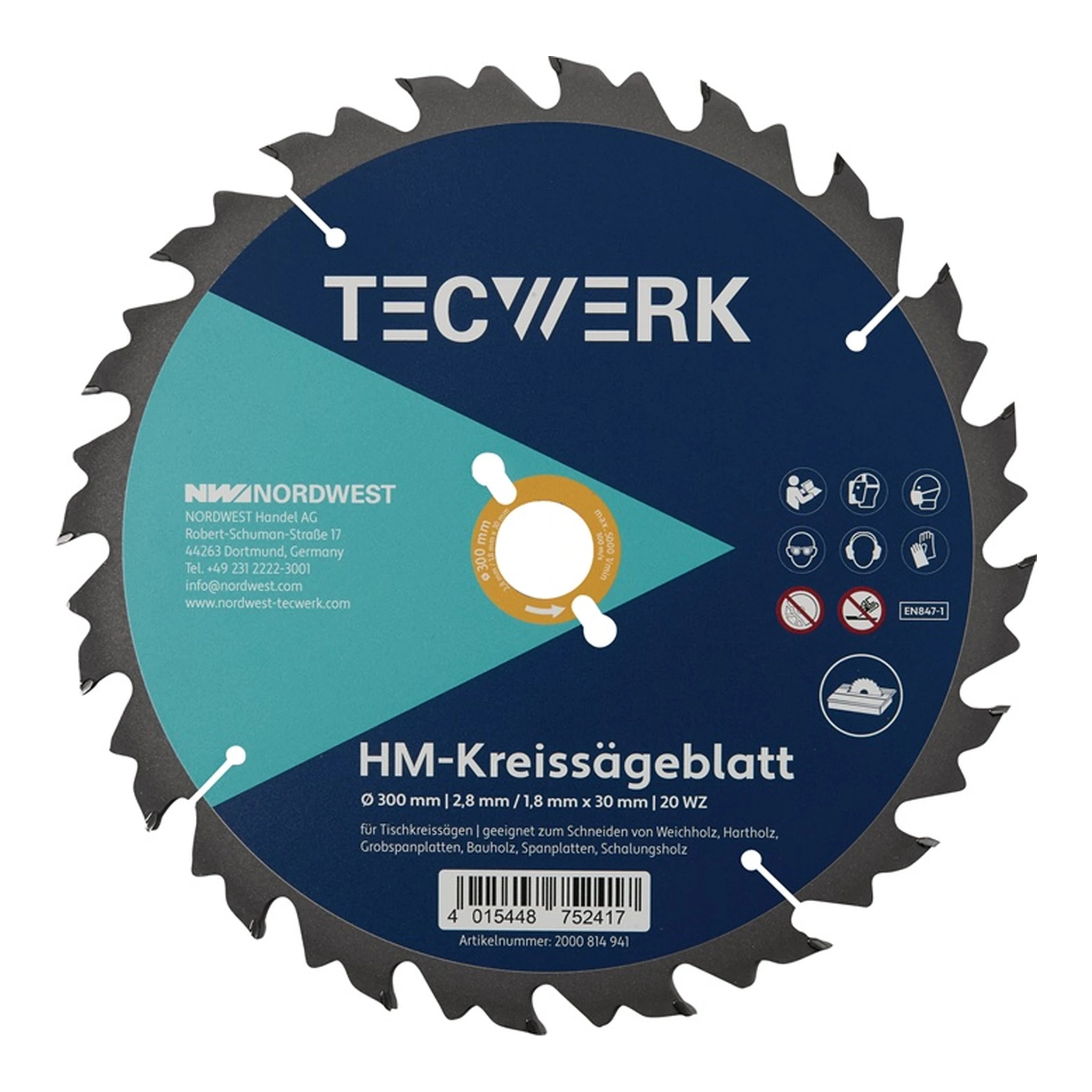 TECWERK | Tischkreissägeblatt | Außen-Ø 300 mm Zähnezahl 20 WZ Bohrung 30 mm Schnittbreite 2,8 mm