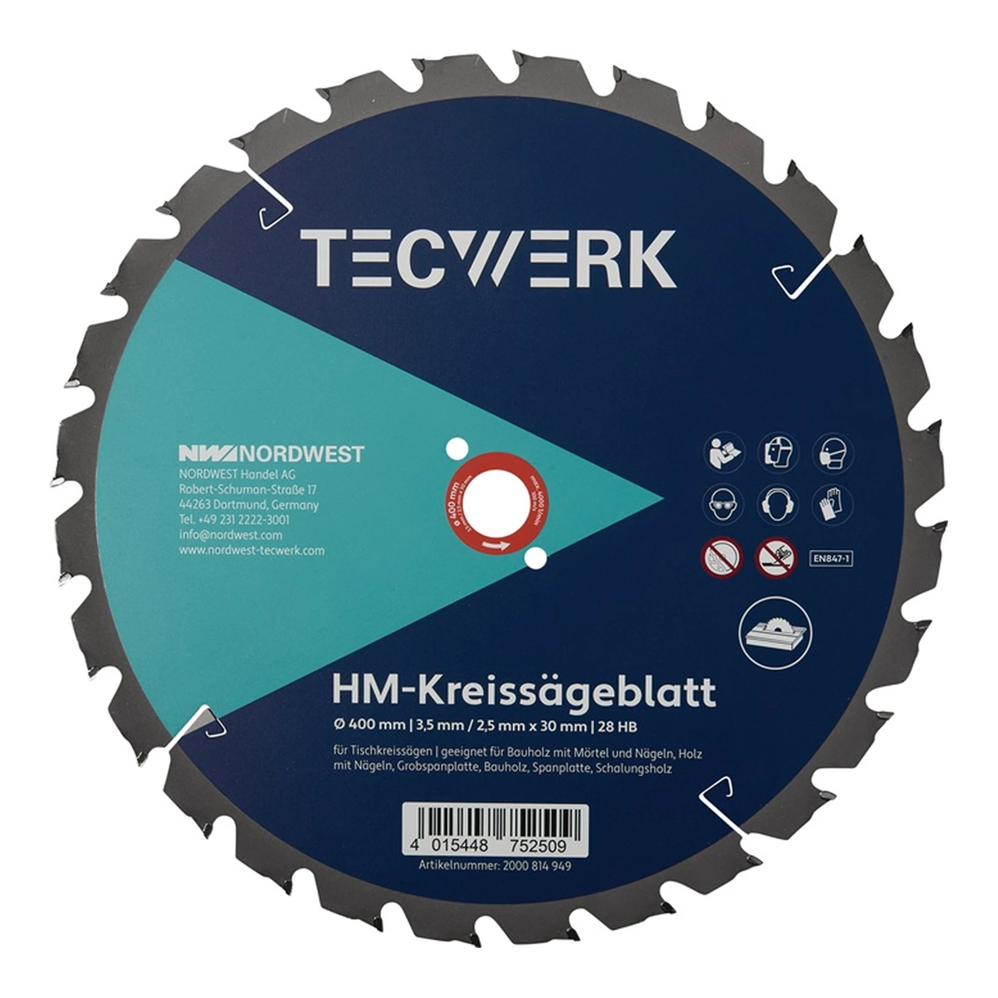 TECWERK | Tischkreissägeblatt | Außen-Ø 400 mm Zähnezahl 28 HB Bohrung 30 mm Schnittbreite 3,5 mm