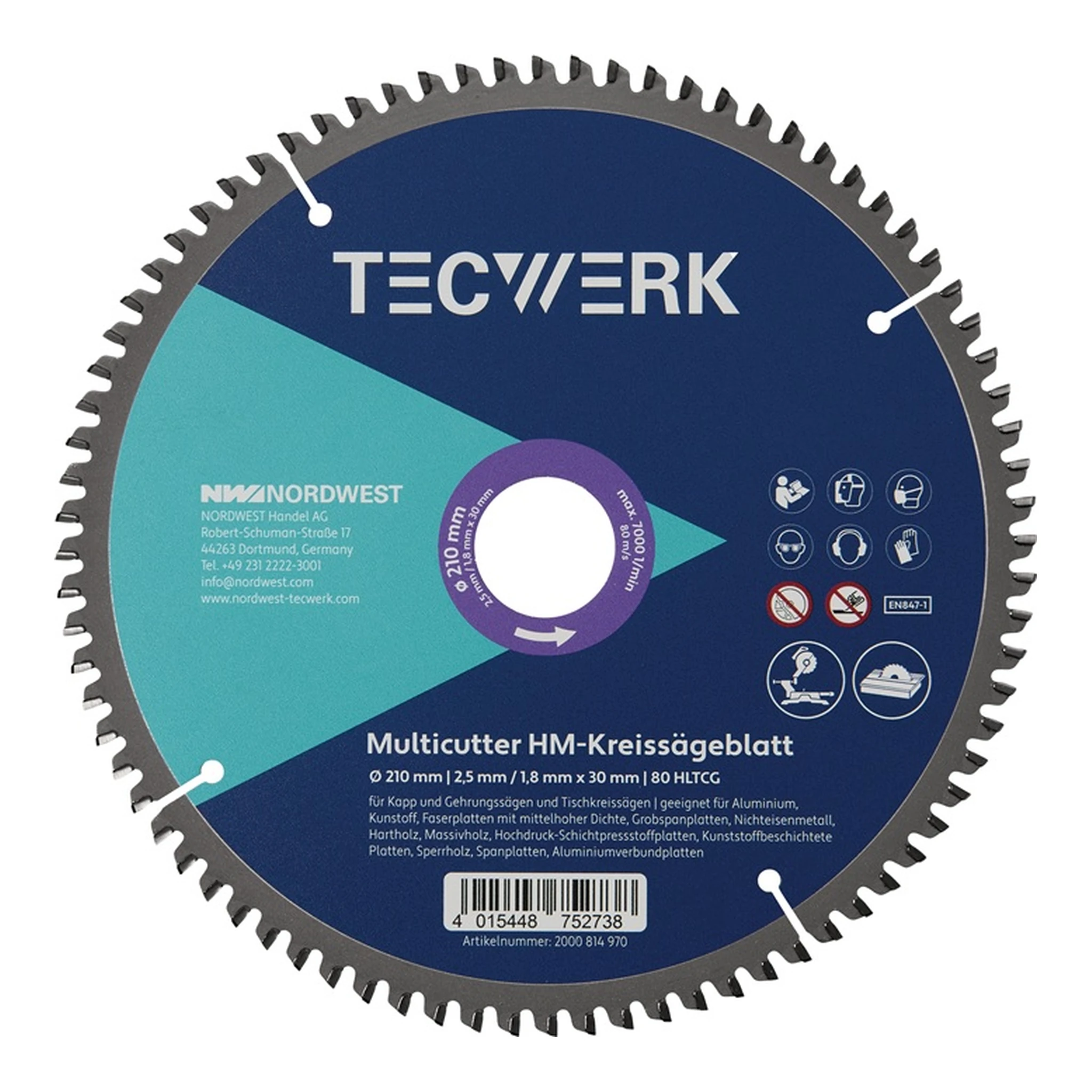 TECWERK | Tisch-/Kappkreissägeblatt | Außen-Ø 210 mm Zähnezahl 80 HLTCG Bohrung 30 mm Schnittbreite 2,5 mm