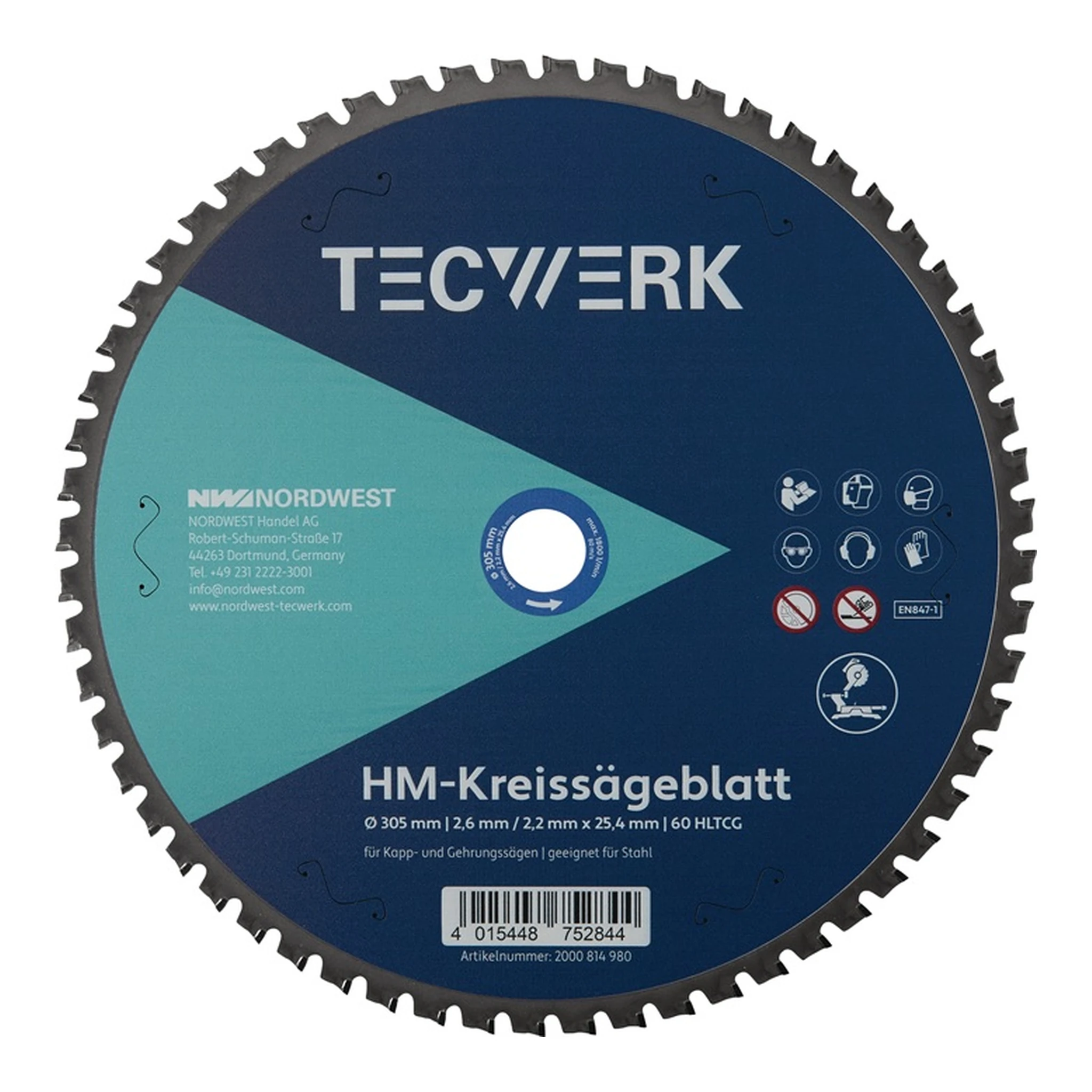 TECWERK | Tisch-/Kappkreissägeblatt | Außen-Ø 305 mm Zähnezahl 60 HLTCG Bohrung 25,4 mm Schnittbreite 2,6 mm