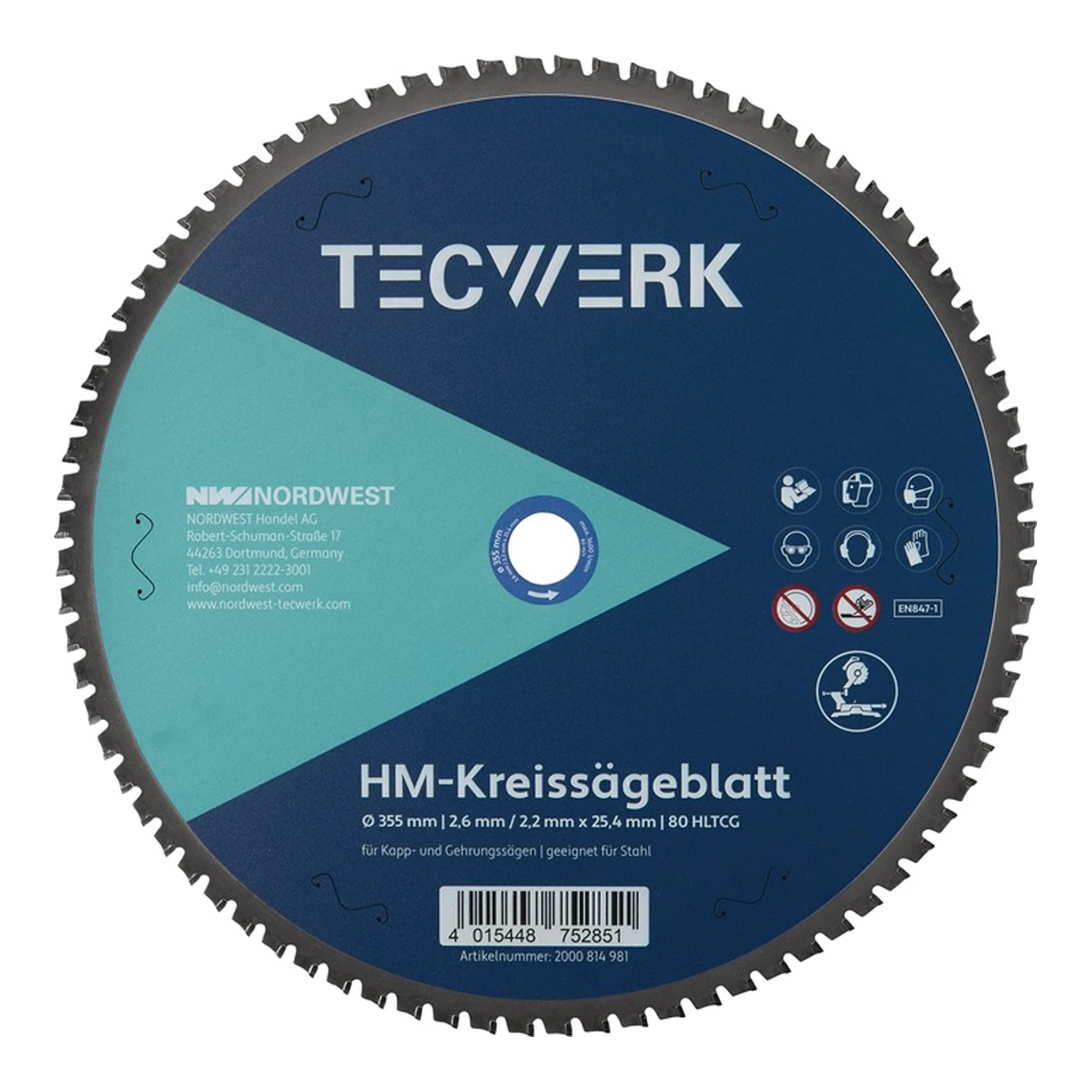 TECWERK | Tisch-/Kappkreissägeblatt | Außen-Ø 355 mm Zähnezahl 80 HLTCG Bohrung 25,4 mm Schnittbreite 2,6 mm