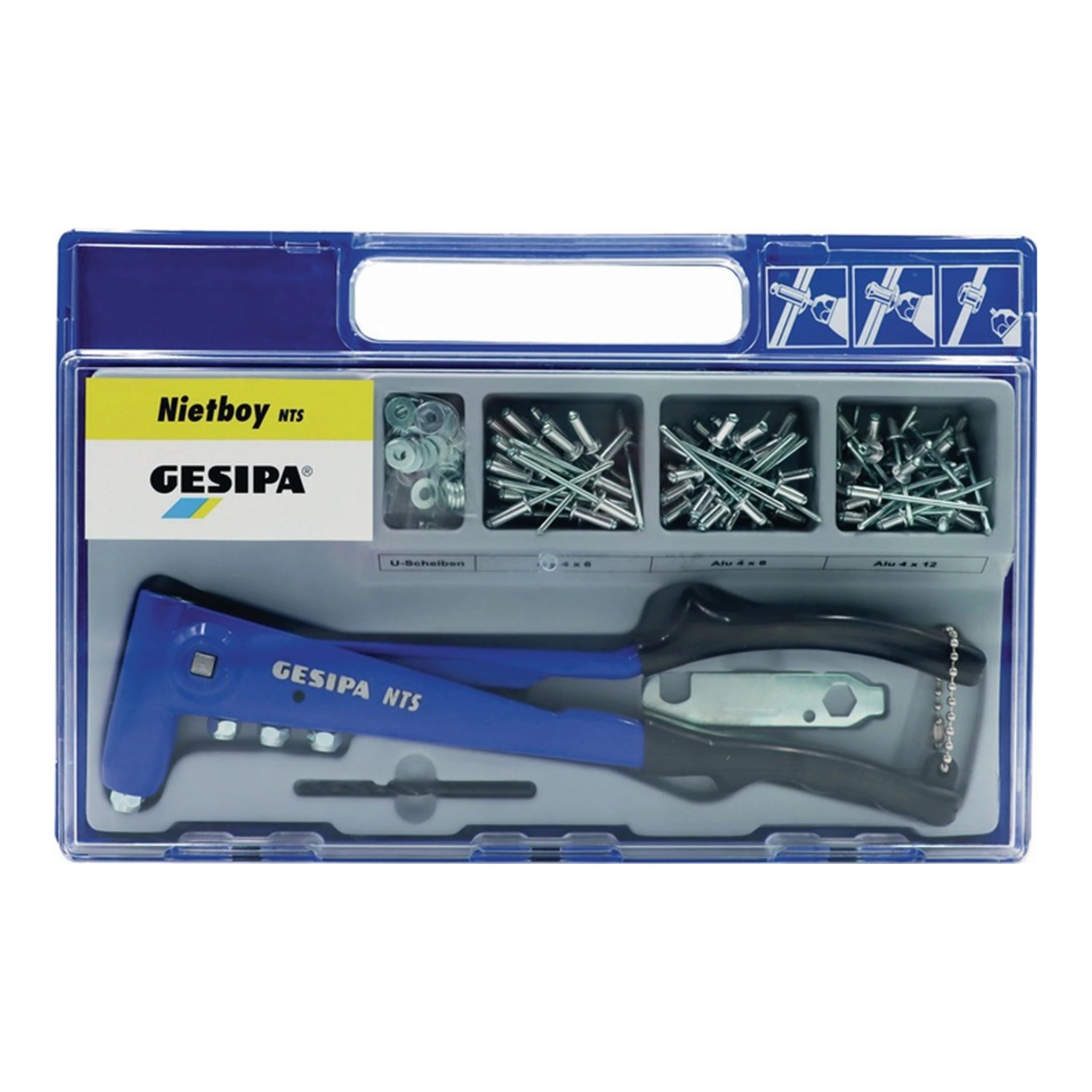 GESIPA | Blindnietsortiment Nietboy | 135 teilig Zange NTS u.Blindniete D.4 mm
