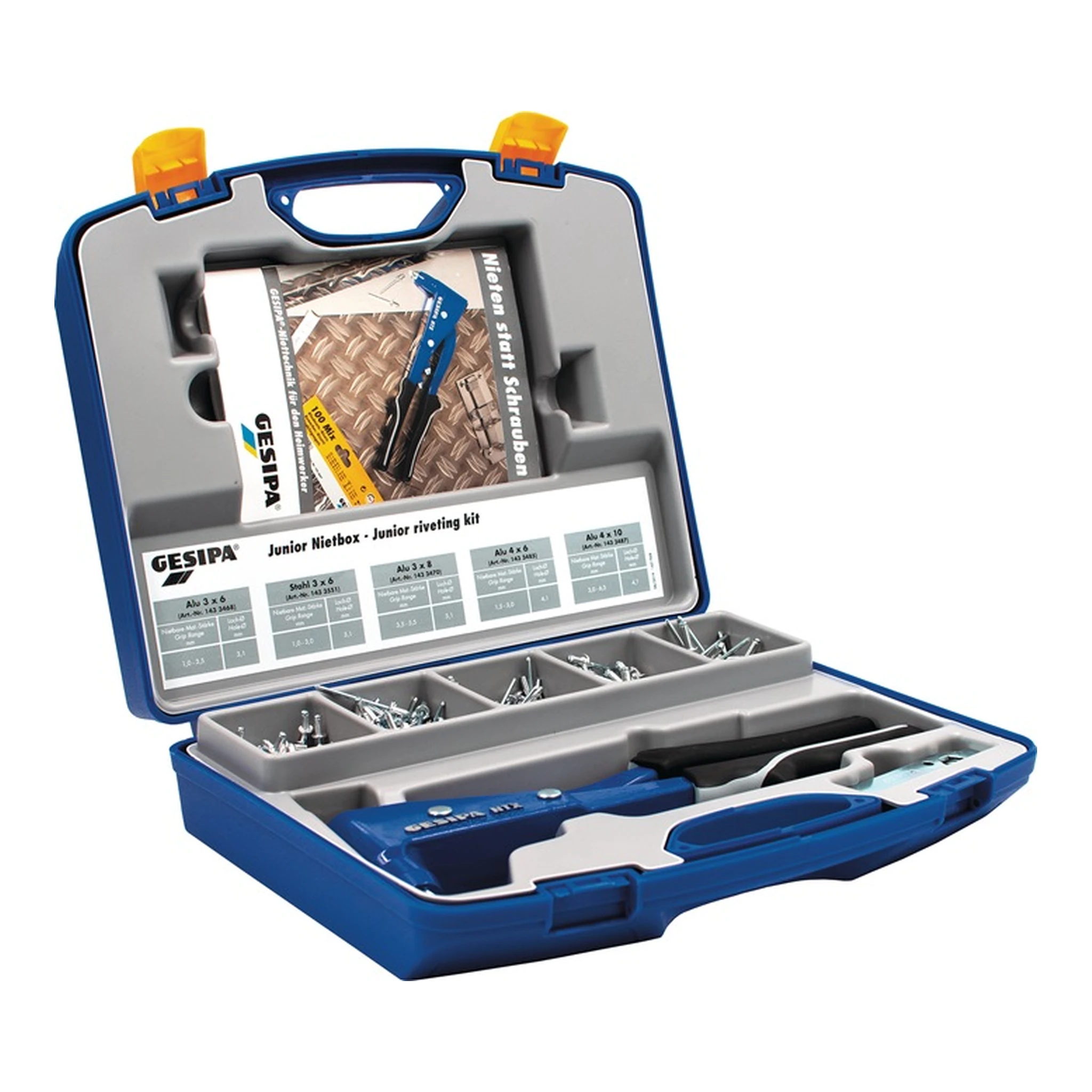 GESIPA | Blindnietsortiment Junior-Nietbox | 352-teilig NTX u.Blindniete Alu/Stahl, Stahl/Stahl