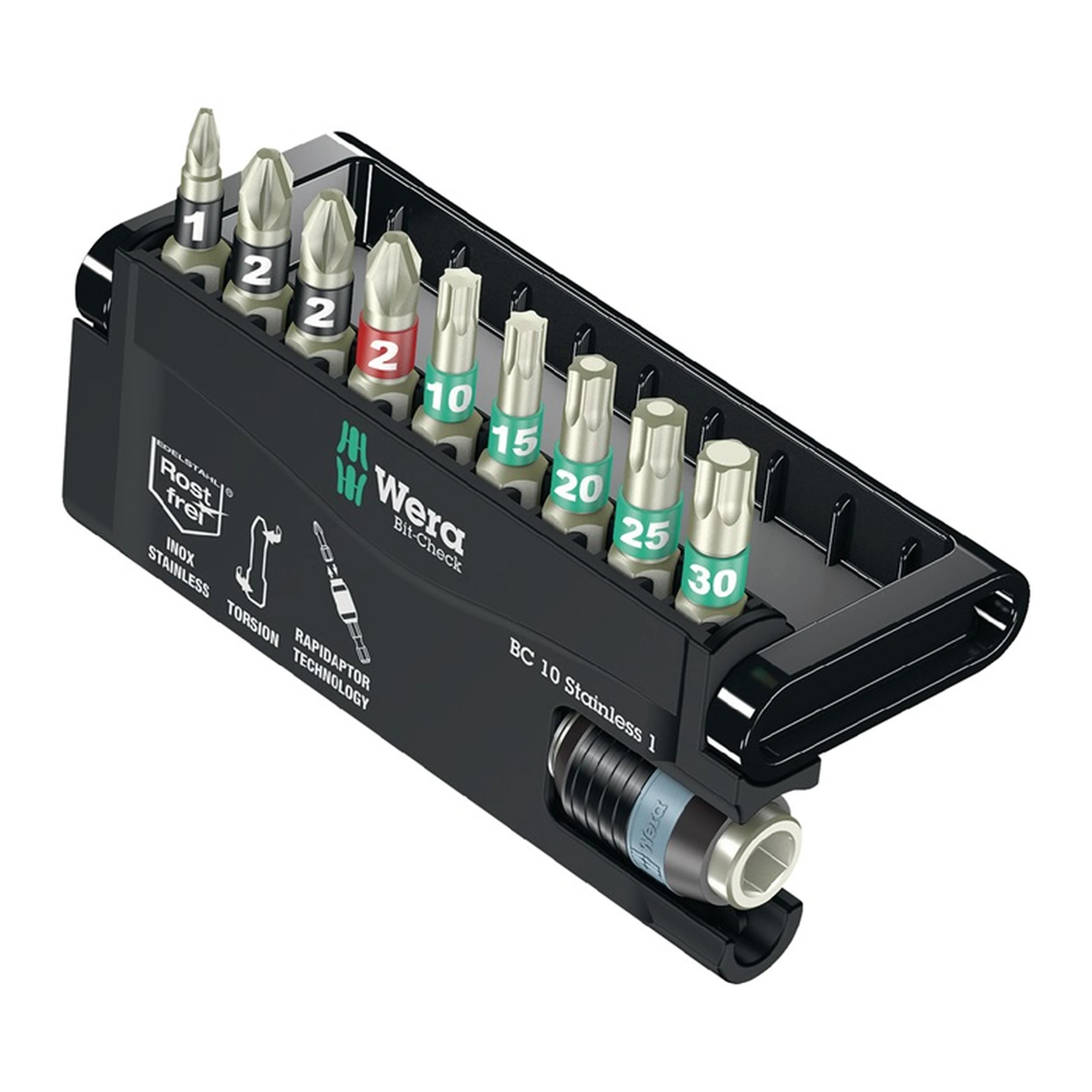 WERA | Edelstahlbitsortiment BC 10 Stainless 1 | 10-teilig PH/PZD/TX/Schnellw.Halter