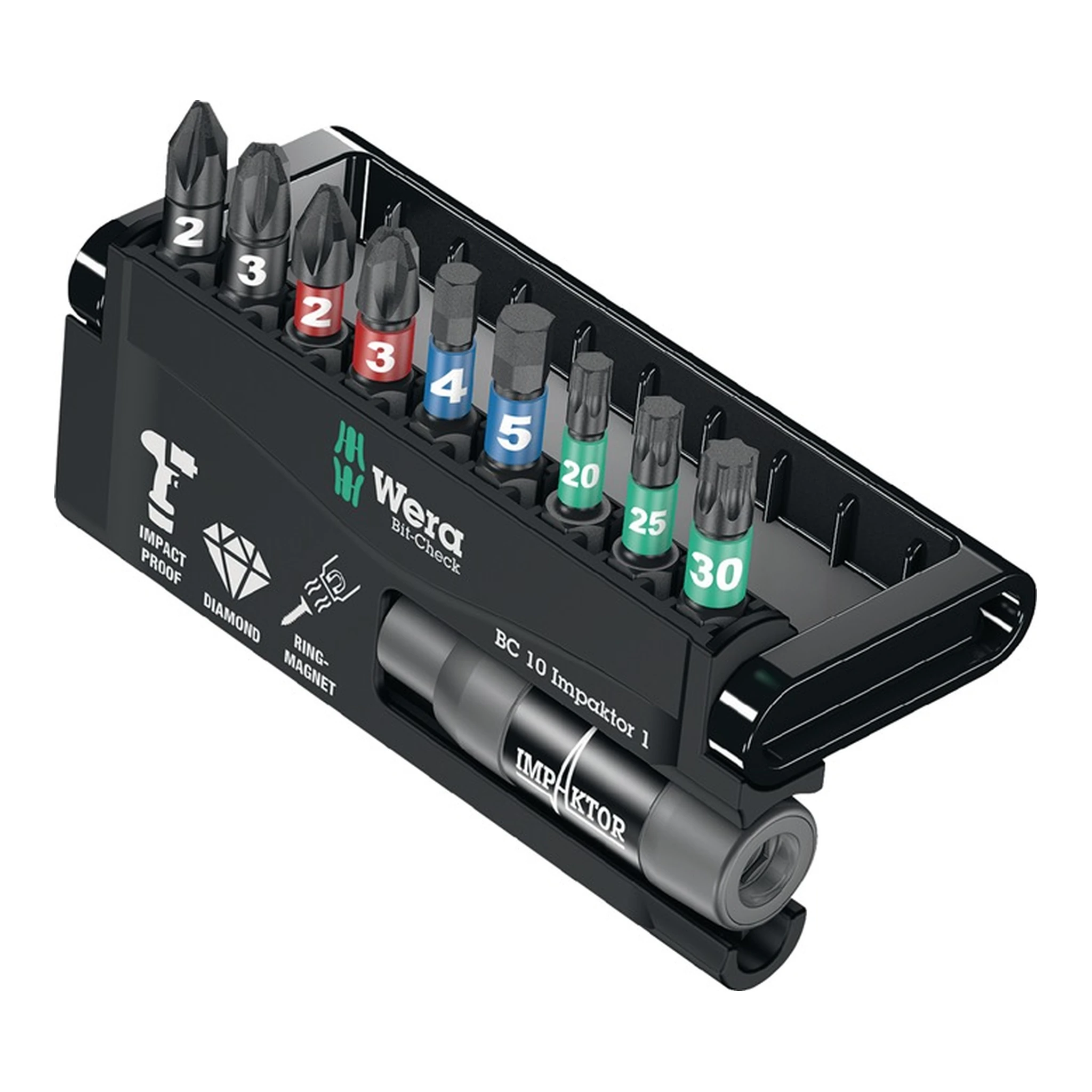 WERA | Bitsortiment Bit-Check 10 Impaktor 1 | 10-teilig PZD/T/6-KT. Schnellwechselhalter