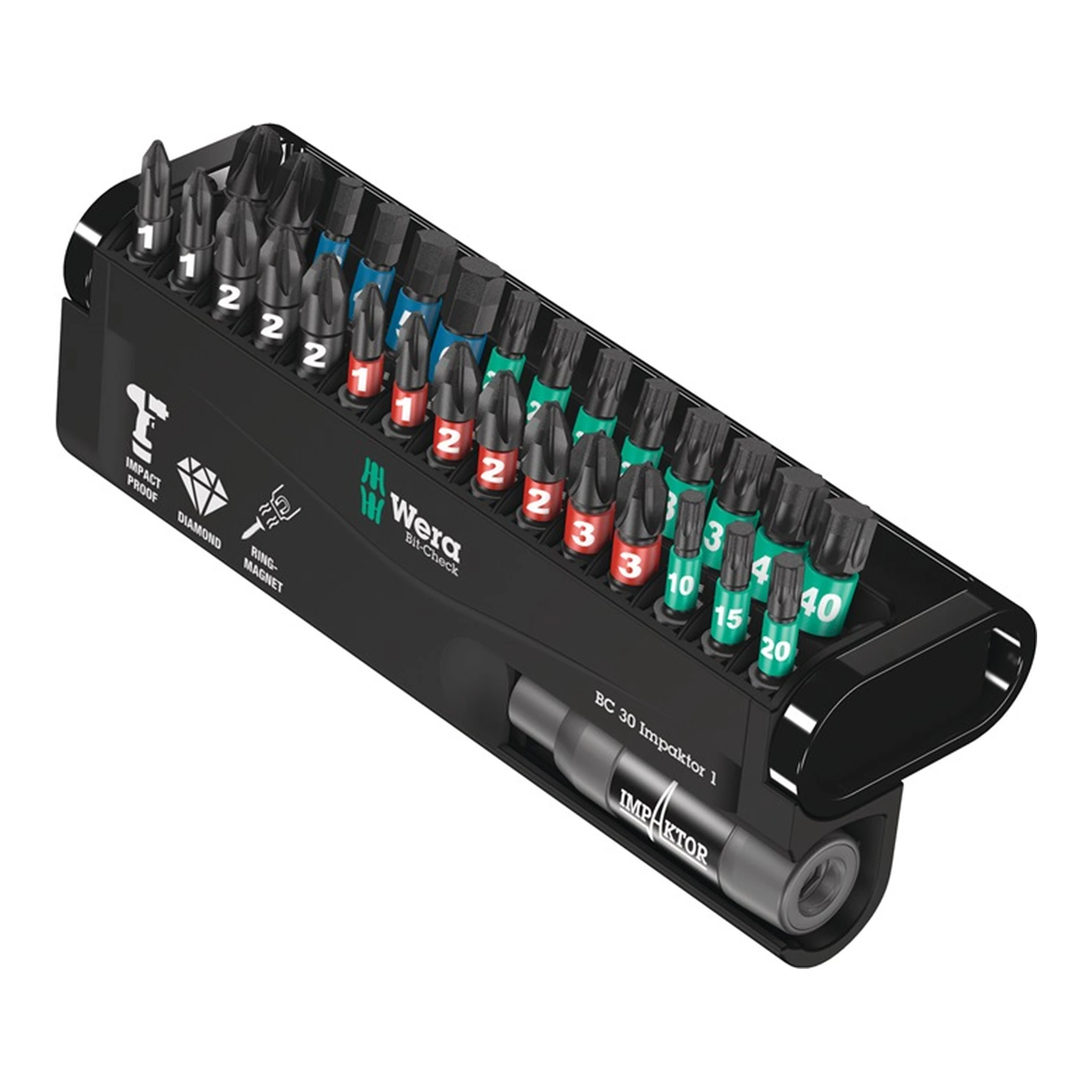 WERA | Bitsortiment Bit-Check 30 Impaktor 1 | 30-teilig PH/PZD/T/6-KT. Schnellwechselhalter
